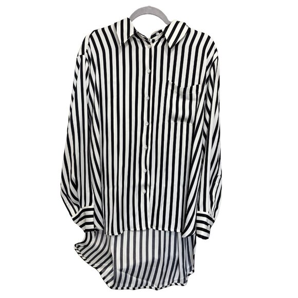 Nearly New Lane Bryant Satin Button-Down Shirt Black & White Striped 18-20 - Picture 3 of 10